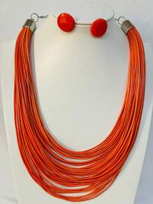 Maxi Waxed Multi-Strand Necklace Set With Button Earrings - 橘色 3 - 查看 1