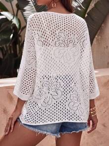 白色V领七分袖镂空钩针编织宽松休闲沙滩罩衫 - 白色 - 查看 2