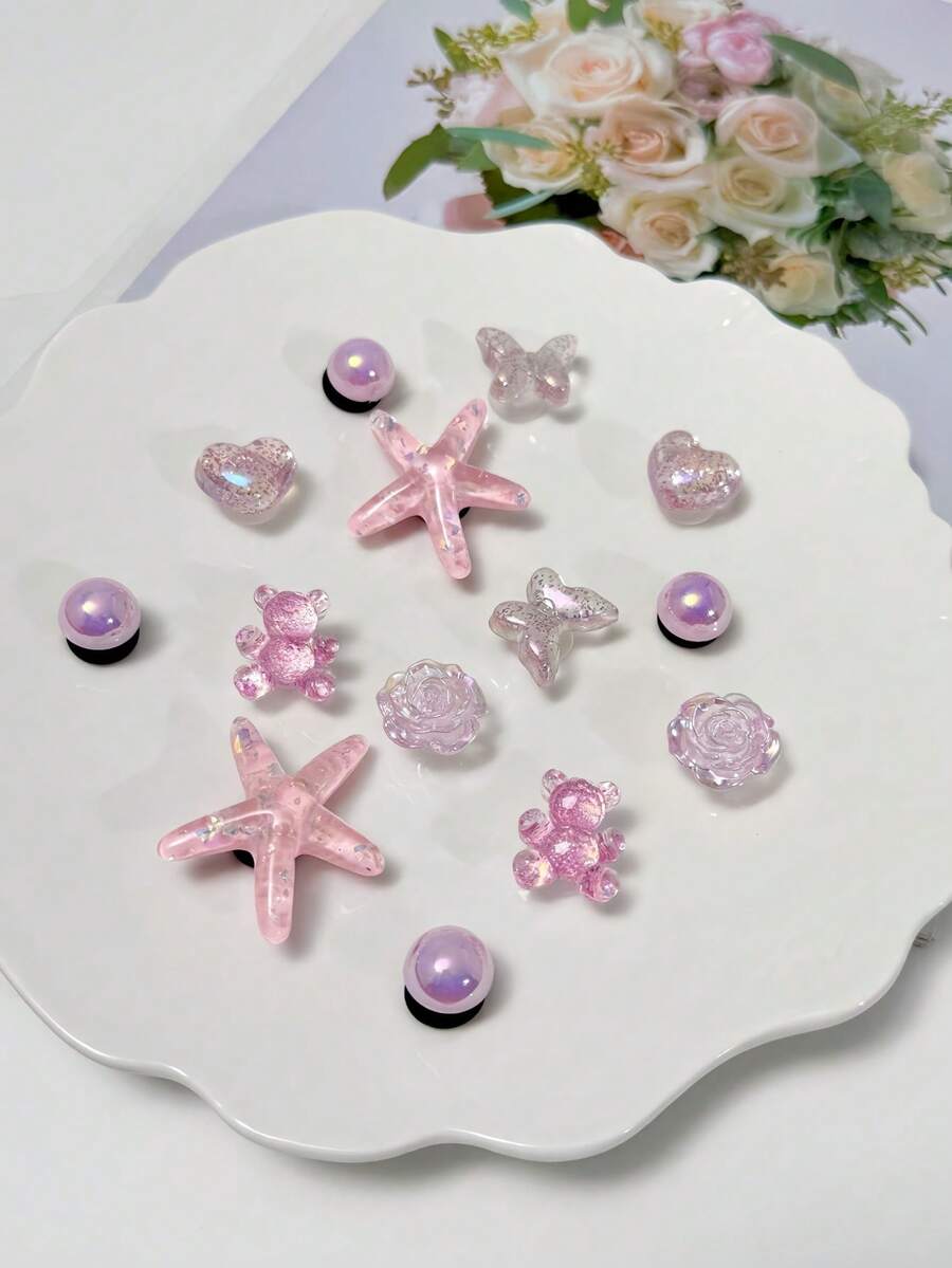 14pcs Pink Cute Girl Series Shoe Charms, Including Crocodile, Starfish, Rose, Heart, Butterfly, Pearl, Teddy Bear, DIY Shoe Decorations, Suitable For Garden Shoes, Sandals, Clogs, Slippers, Perfect Birthday Party Small Gift - Multicolor - View 1
