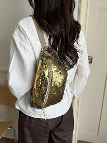 Túi đeo hông đính kim sa vàng, túi ngực đính kim sa lấp lánh, túi đeo chéo phong cách dự tiệc, túi xách đa năng sang trọng màu bạc. - Vàng - Xem 6
