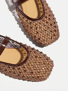2026 New Plus Size Slip-On Slippers With Rhinestone Strap, Brown Square Toe Flat Casual Sandals, Lattice Mesh Breathable Slip-On Sandals For Women Summer - Brown - View 9