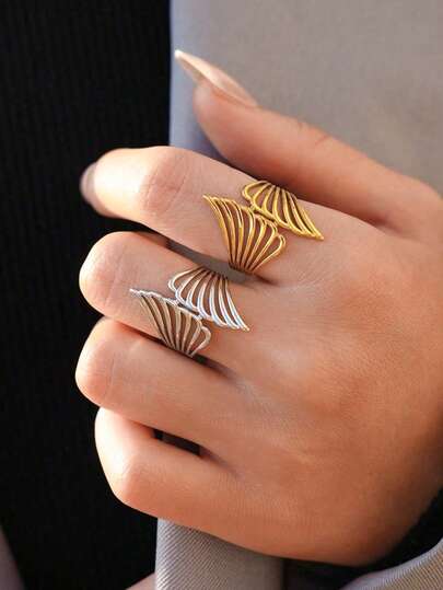 Uself 2pcs/1pc 18K Gold Plated Dual-Tone Wing-Shaped Rings For Women, Stainless Steel Rings, Hollow Layered Wing Design, Angelic Style Jewelry, Low Allergy, Suitable For Y2K, Date Night And Daily Wear, Stainless Steel Jewelry, Western Jewelry, Women's Jewelry, Mother's Day Gift, Teacher's Day Gift, Graduation Gift
