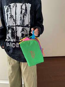 1个多巴胺色拼接尼龙多隔层斜挎包，休闲可调节肩带单肩包，轻便拉链封口户外包，适合女性/女孩/青少年，可用于运动、旅行、通勤、日常使用。 - 彩色 - 查看 8