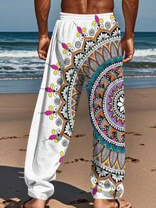 Mandala Sunburst Design Symbolizing Harmony And Energy Blending Vivid Orange Teal And Magenta Tones Beach Pants For Summer Coastal Style - 白色 - 查看 2