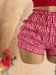 Set de 2 piezas con top de hombro asimétrico de unicolor y textura, y shorts a cuadros para mujer - Rojo - Ver 4