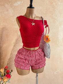 Set de 2 piezas con top de hombro asimétrico de unicolor y textura, y shorts a cuadros para mujer - Rojo - Ver 5