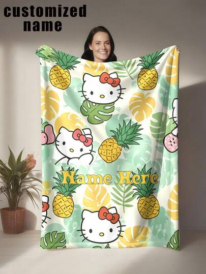 SANRIO 1 chiếc chăn in hình Hello Kitty theo yêu cầu, có thể in tên cá nhân, kết hợp với các yếu tố nhiệt đới tươi mát như Hello Kitty, dứa, cây dracaena, màu sắc rực rỡ mang đến không khí mùa hè - Mềm mại và thoải mái, có thể giặt máy, gối trang trí bằng vải polyester in kỹ thuật số, thích hợp cho ghế sofa, giường, du lịch, cắm trại, phòng khách, văn phòng, chỗ ngồi - Món quà tuyệt vời cho gia đình và bạn bè