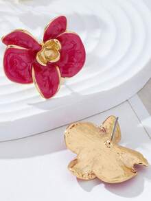 1 Pasang Anting Tusuk Kupu-kupu dan Bunga Anggrek Berenamel Paduan Logam Mewah 3D Modis - Hot Pink - View 5