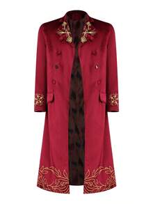 Long Coat, Vintage Gold Embroidered Double-Breasted Long Robe, Medieval Nobility Vampire Cosplay Costume, Halloween Stage Performance Outfit, Gothic Retro Windbreaker, Fashion Long Coat, Distinctive Long Jacket - Red - View 11