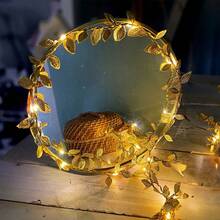 1 unidade de cordão de luzes LED com 20/50 LEDs em formato de folha dourada e padrão de rattan. Alimentado por bateria, com fio de cobre, ideal para decoração de interiores e exteriores, incluindo mesa de jantar, festas, casamentos, aniversários, lareiras e paredes. - luz branca quente - Ver 3