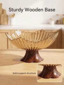 1pc High-Foot Decorative Glass Fruit Bowl With Waterproof Walnut Wood Base, Large Capacity, Scratch-Resistant And Easy To Clean, Suitable For Coffee Table, Wedding, Ramadan Iftar And Housewarming Gift - View 7