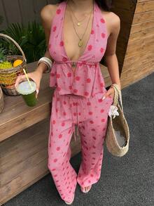 2 piezas Conjunto casual de vacaciones para mujer con top halter sin espalda y pantalones en color caqui tejido - Rojo - Ver 6
