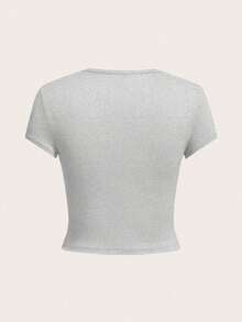 Women's Summer New Minimalist Design Casual Round Neck Short Sleeve T-Shirt, Fashionable Versatile Blouse - Grey - View 4