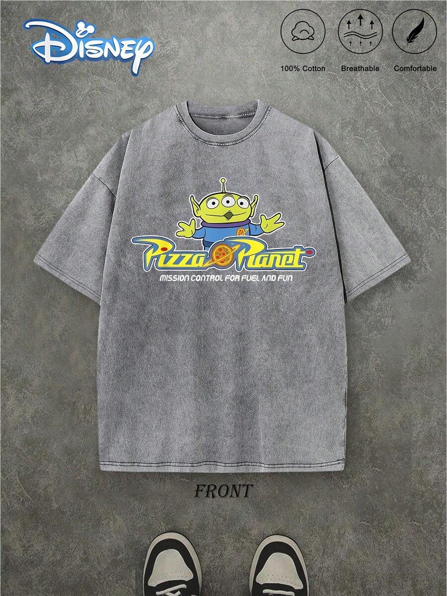 Disney Authorized Toy Story Spock's Pizza Planet Space Theme Printing, Heavyweight 100% Washed Retro Style Men's T-Shirt, Men's Loose Round Neck Short-Sleeved Shirt, Soft, Comfortable, Casual And Versatile. - Xám - Xem 1