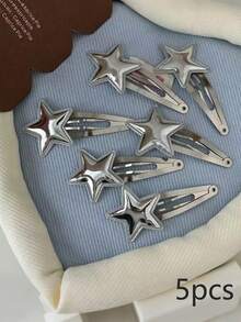 2pcs/6pcs Cute Leather Star BB Clips, Side Bangs Clips, Niche Design Hair Clips, Y2K Pentagram Dopamine Hair Clips,Festival,Party - Silver - View 8