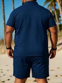 2pcs/Set Plus Size Men's Fashion Casual Knight Pattern Short Sleeve Polo Shirt And Shorts Set, Suitable For Vacation, Outdoor, Street, Daily Wear - Navy Blue - View 3