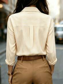 Women's Classic Striped Long Sleeve Shirt – Collared Button Front Top With Pocket For Office, Casual, Spring Summer Fall Winter - Yellow - View 2