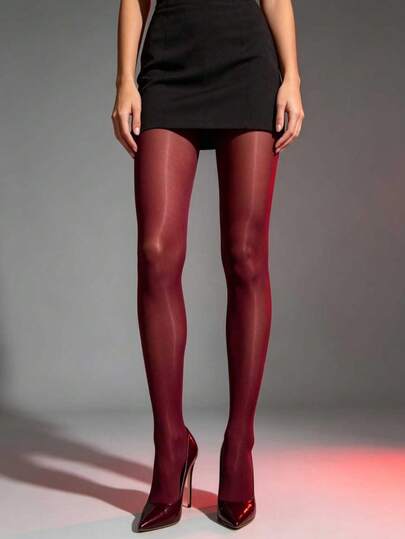 1 Pair Women's Wine Red High Gloss Pantyhose, High Waist Silky Smooth Solid Color Tights, Versatile For Daily Wear And Dates