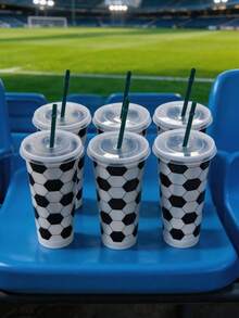 6pcs Reusable Plastic Football Shaped Cups With Lids & Straws, Suitable For Football Fans, Football Themed Party Decor & Gifts - Multicolor - View 7