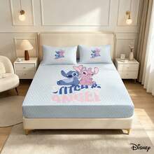 Disney Delightful Stitch Angel Couple Print 3 PiecesFitted Sheet Set Includes 2 Pillowcases Fresh Light Blue Dotted Pattern - Fitted Sheet Set - View 2