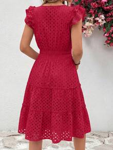 PRETTYGARDEN Women's Summer Dresses Eyelet Cap Sleeve V Neck Short Boho Wedding Guest Graduation Dress Beach Vacation Sundresses Dresses For Women - 紅色 - 查看 2