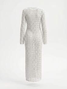 2026 New Arrival Women's White Deep V-Neck Tie-Waist Knit Maxi Dress, Flare Sleeve Design, Floor-Length Hem, Beach Resort Spring/Summer Style Vacation - White - View 9