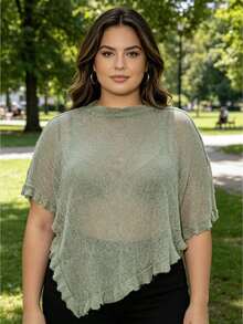 Women Sheer T-shirt, Short Sleeve Tops Ruffled Irregular See-through Summer Clubwear - Verde militar - Ver 1