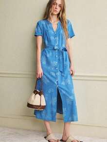 Vestido midi azul de mujer, estilo vintage, manga corta y escote en V, con lazada en la cintura y diseño holgado, elegante y versátil para primavera y verano - Azul - Ver 4