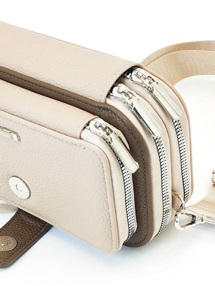 New Multifunctional Large Capacity Double Zipper Phone Wallet Fashionable Minimalist Soft Pattern Casual Vacation Date Messenger Bag - Apricot - View 1