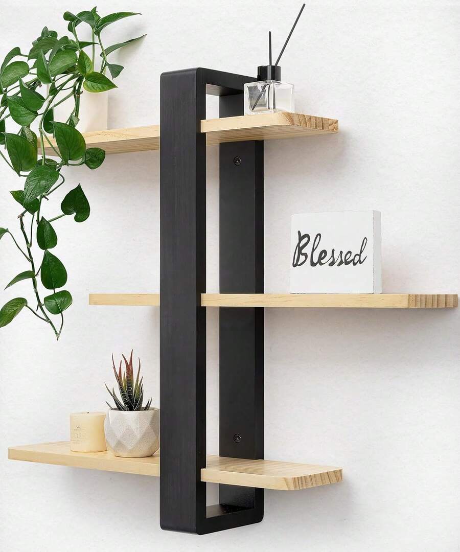 Estante mural largo grande de madera negra, estantería flotante ajustable de 3 niveles, 50x58 cm, organizador colgante práctico, decoración y almacenamiento para hogar, cocina, salón, baño, oficina y dormitorio - Color madera natural + negro - Ver 1