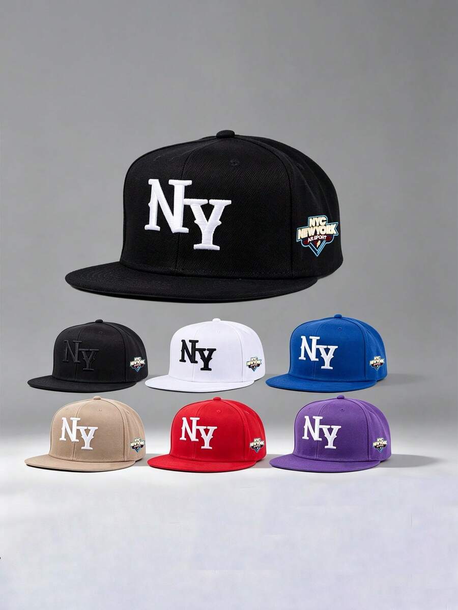 1 Pc ManEmbroidered NY Flat Brim Baseball Cap Adjustable Suitable For Spring And Autumn Travel Beach Vacation