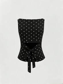 Women's Fashion Plunging Neck Tie Polka Dot Ruched Bandeau Top Casual Black Summer - Black - View 5