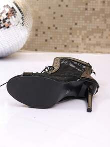 1 đôi giày khiêu vũ Jazz nữ, sandal cao gót hở mũi 3.94 inch, thiết kế khoét rỗng thoáng khí, viền ren, quai chéo, gợi cảm và đa năng, dễ phối với váy, hoàn hảo cho mùa hè. - màu đen - Xem 10