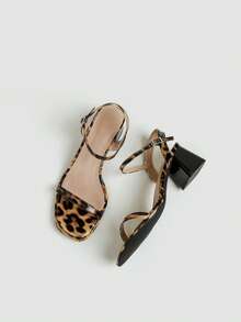 Tacones altos de leopardo marrón para mujer, zapatos de vestir de fiesta y boda con tacón grueso y punta abierta, sandalias de punta puntiaguda con tira trasera de 7 cm de tacón formal - Estampado de leopardo marrón - Ver 3
