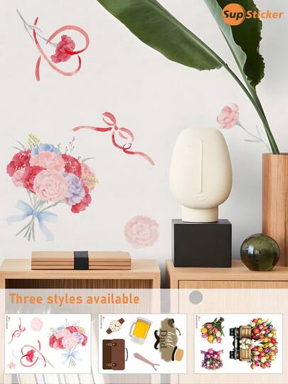 SUPSTICKER 1件装多色母亲节康乃馨花束丝带图案水彩画风格、父亲节主题元素复古卡通插画风格、郁金香花束卡车兔子清新治愈可爱插画风格可移除墙贴。采用优质PVC材料制成，适合春夏家居墙面装饰、玩具区背景、儿童房、衣柜表面、儿童空间改造，尺寸为12.79*18.62英寸。