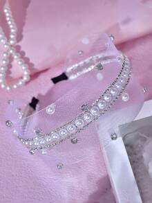 1pc Fashionable Pearl Rhinestone Headband, Simple Mesh Hollow Wide Band, Suitable For Bride, Wedding, Celebration, Banquet, Holiday Party, Daily Casual, Campus, Women's Hair Accessory Hairband - Multicolor - View 12