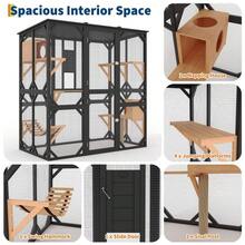 Catio grande de 70 pulgadas con acceso a la ventana, Walk-in Catio, Caja extra grande para gatos al aire libre con 4 plataformas, 2 casas para dormir para múltiples gatos, compatible con túnel para ga - Negro - Ver 5