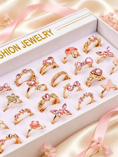 Bộ 10 chiếc nhẫn đính đá hình bướm màu hồng ngọt ngào, cá tính, dành cho bé gái, kiểu dáng không đều, hình nơ và hoa, có thể đeo chồng lên nhau, thích hợp đeo hàng ngày. Quà tặng