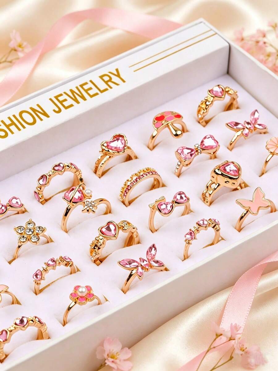 10件套时尚甜美酷炫粉色蝴蝶爱心水钻戒指套装，女孩不规则蝴蝶结花朵混合首饰，可叠戴，日常佩戴，礼物佳品 - 粉紅色水鑽金色戒 - 查看 1