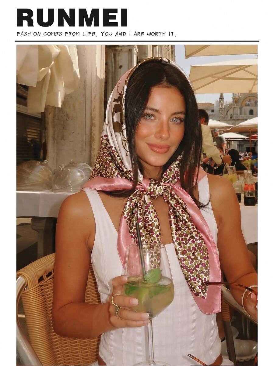 1pc Minimalist Printed Satin Neckerchief, New Spring Fashion Scarf For Women, Can Be Used As Waistband, Packaging Decor, Scarf, Headband, Ideal Accessory For Styling,Holiday,Travel Essential - Peach Pink - View 1