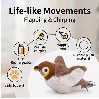 USB Rechargeable Flapping Bird Cat Toy (Non-Flying), Touch Activated Interactive Cat Exercise Toy Suitable For Cats, Small Dogs And Other Pets, Realistic Bird Design