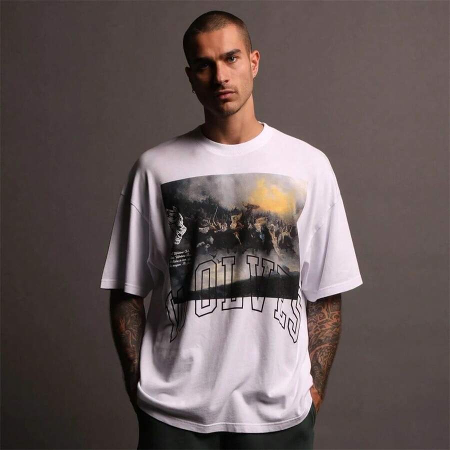 DARCSPORT American-Style  Retro T-Shirt For Couples, Men's Top, Pure Cotton Loose-Fit Round-Neck T-Shirt - trắng - Xem 1