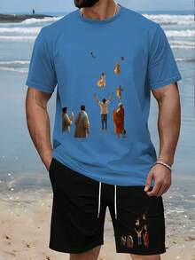 2-Piece Set For Men, Vintage Style Casual And Unique Summer Two-Piece Set With Exquisite Roll-Up Sleeves And Scroll Decoration, Cartoon Print, Lightweight, Breathable, And Sweat-Absorbent Fabric - Sky Blue - View 18