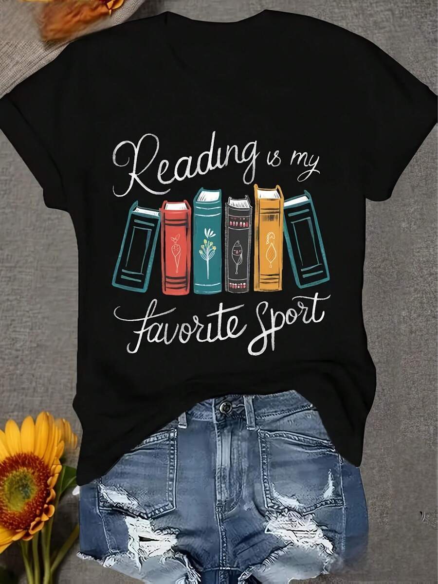 -Women's Graphic Shirt 'Reading Is My Favorite Pastime' --Casual Short-Sleeved Shirt With Colorful Book Pattern, Soft And Comfortable, Perfect For Casual Wear,-Book-Themed Shirt. - Black - View 1