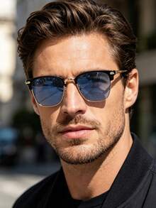 1 PC Men's Modern Browline Square Fashion Glasses Lightweight Durable Metal Frame With Gray Blue Tinted Lenses Suitable For Business Casual Outdoor Activities With Glasses Box - Multicolor - View 15