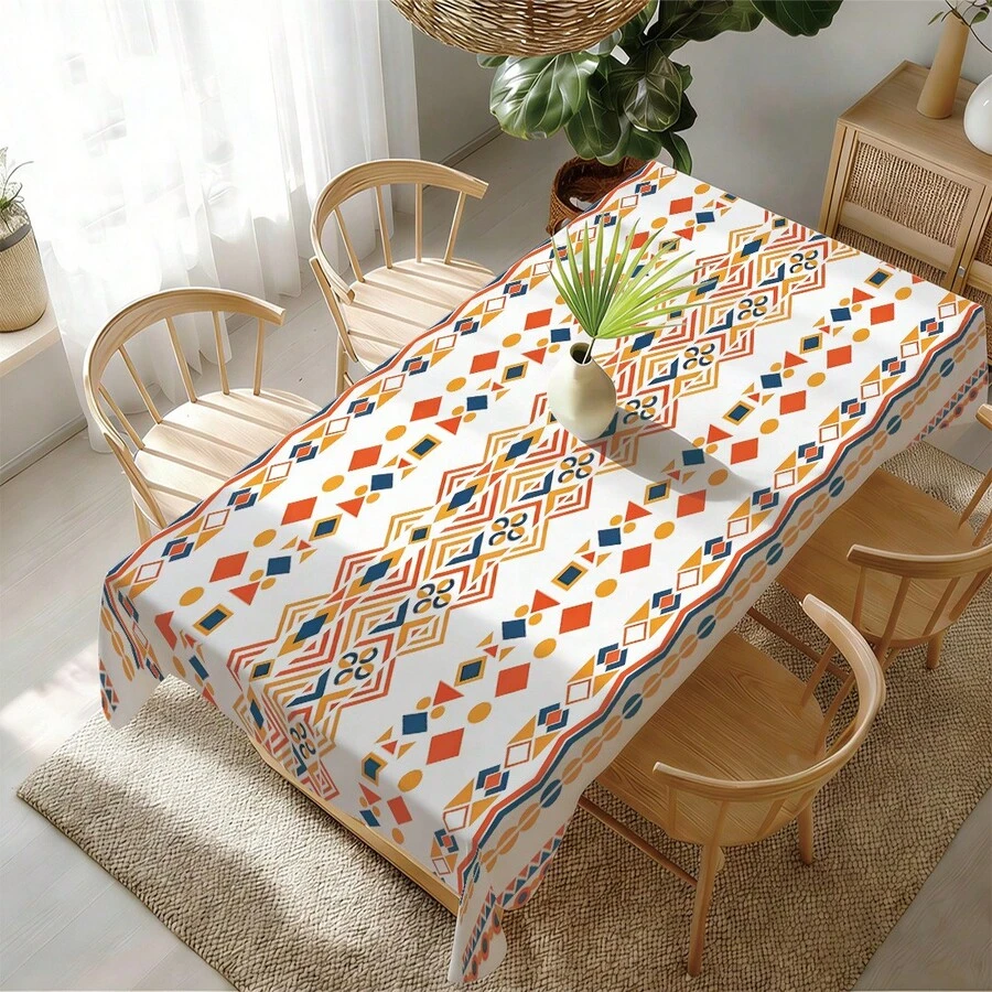 MEMNUN 1PC Bohemian Blue & Orange Geometric Pattern Printed Tablecloth, Playful & Vibrant Dining Table Cloth 140*220cm/140*180cm/140*140cm/90*140cm, Printed Polyester Material, Table Decor, Home Decor, Kitchen Decor, Rectangular Table Cloth, Square Table Cloth, Suitable For Picnic, Camping, Party, Restaurant Buffet, Home Decoration, Tabletop Decor, DIY Home Decor - Multicolor - View 1