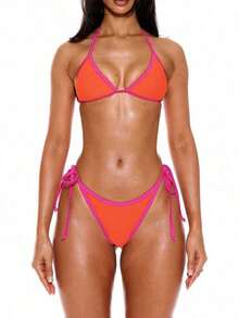Top de Bikini Triangular con Cuello Halter y Ribete en Contraste de  Resort, Top, Verano, Primavera, Vacaciones,, Ropa de Playa Ibiza, Color Sólido - Multicolor - Ver 5