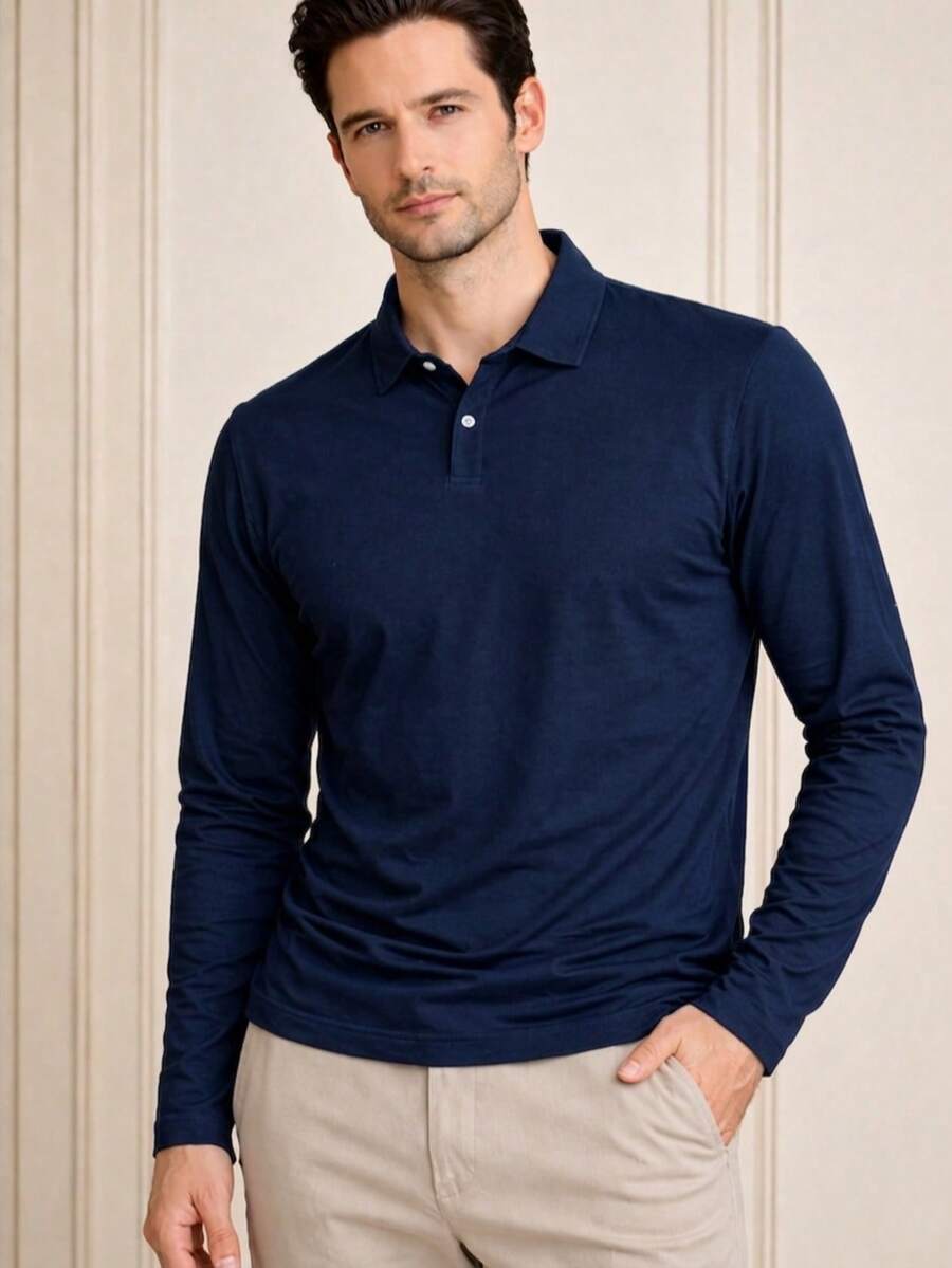Men's Basic Plain Long-Sleeve Polo Shirt - Navy Blue - View 1