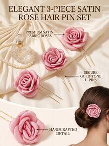 3 piezas Clips para el cabello con flores de rosa falsas románticas, accesorios para el cabello en forma de U estilo Mori para novia y dama de honor, decoración para moño - Multicolor - Ver 4