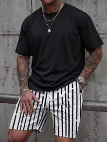 GRDR Men's Round Neck Short Sleeve T-Shirt And Drawstring Shorts Casual Set - Black - View 3